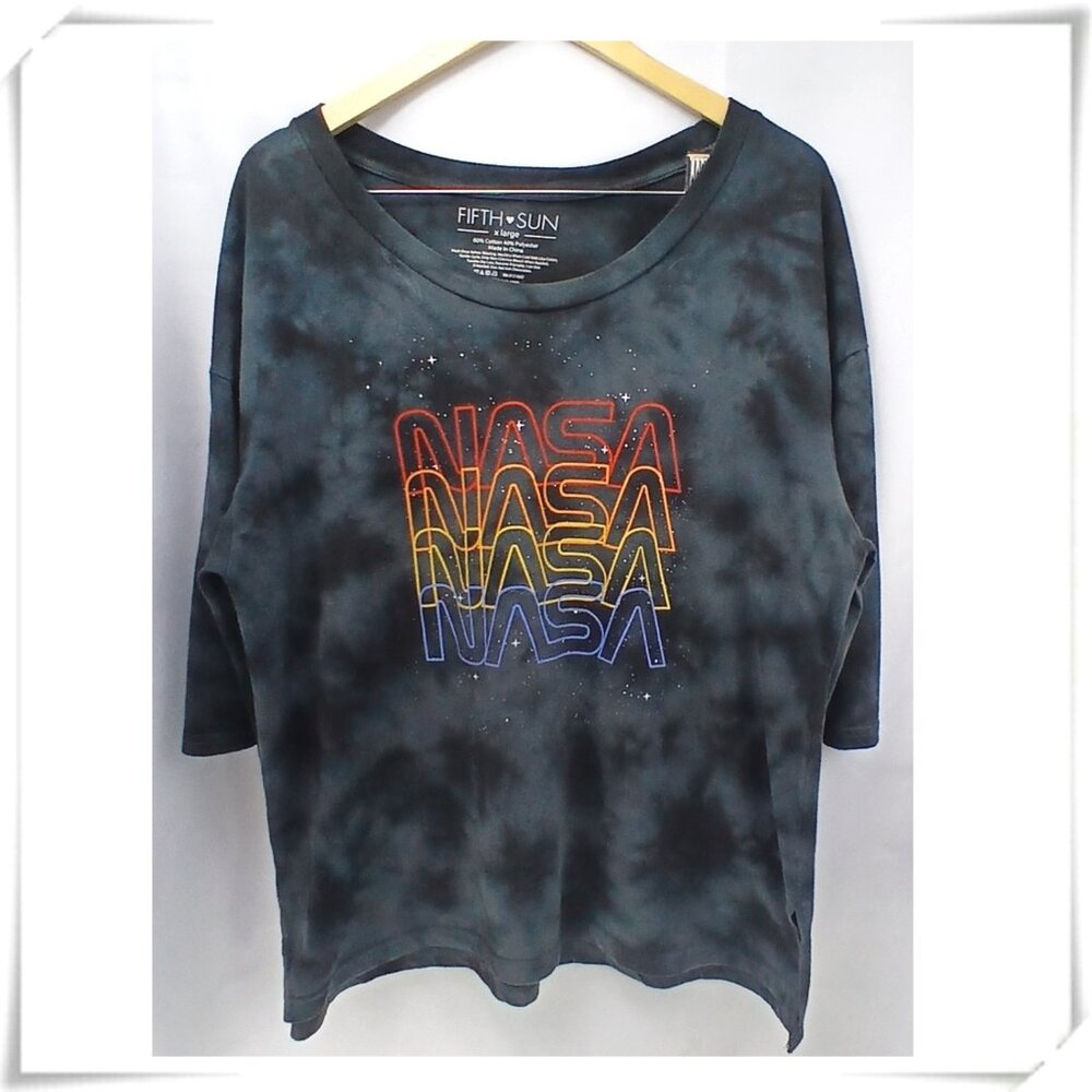 💲Sale 3/$15 - Fifth Sun Grey Tie-Dye Oversized Drop Shoulder NASA Logo Tee GUC